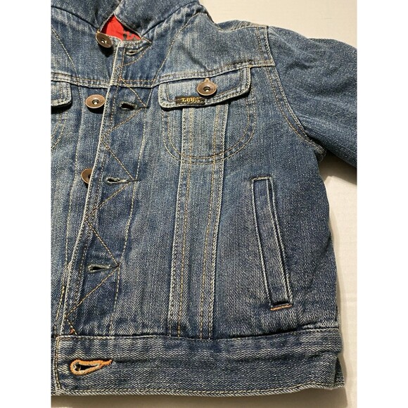 Jean Denim Jacket Boys M 5/6 LEE Pipes Hooded Fleece Lined Warm Coat Patches Y2K - Picture 11 of 16